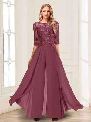 Chiffon Floor-Length Half Sleeves Scoop Mother of the Bride Pantsuits