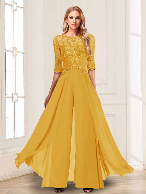 Chiffon Floor-Length Half Sleeves Scoop Mother of the Bride Pantsuits