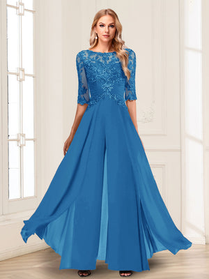 Chiffon Floor-Length Half Sleeves Scoop Mother of the Bride Pantsuits