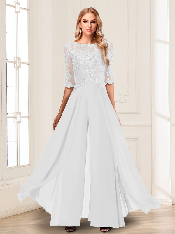 Chiffon Floor-Length Half Sleeves Scoop Mother of the Bride Pantsuits