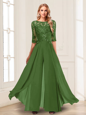 Chiffon Floor-Length Half Sleeves Scoop Mother of the Bride Pantsuits