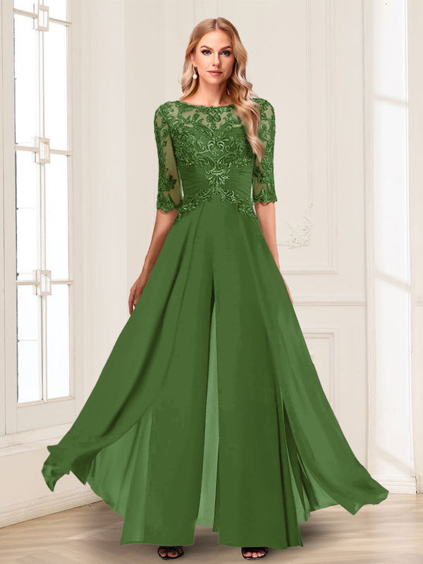 Chiffon Floor-Length Half Sleeves Scoop Mother of the Bride Pantsuits
