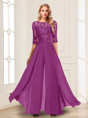 Chiffon Floor-Length Half Sleeves Scoop Mother of the Bride Pantsuits