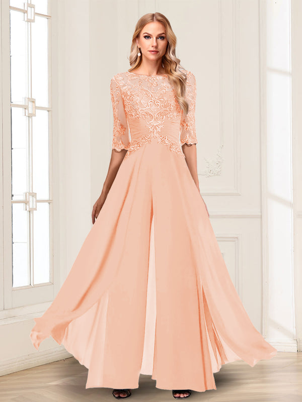 Chiffon Floor-Length Half Sleeves Scoop Mother of the Bride Pantsuits