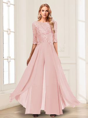 Chiffon Floor-Length Half Sleeves Scoop Mother of the Bride Pantsuits