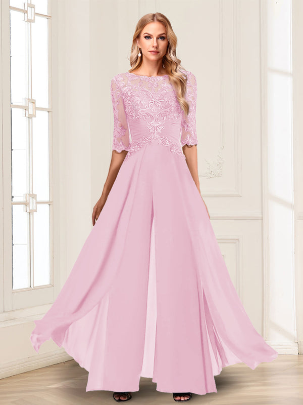 Chiffon Floor-Length Half Sleeves Scoop Mother of the Bride Pantsuits