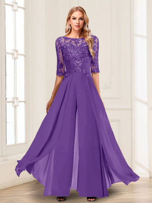 Chiffon Floor-Length Half Sleeves Scoop Mother of the Bride Pantsuits