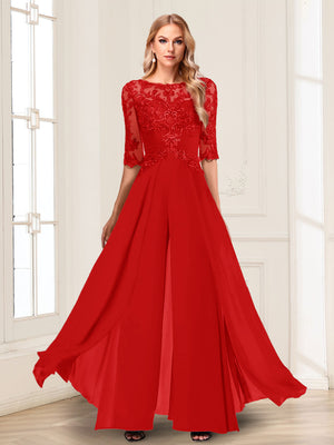 Chiffon Floor-Length Half Sleeves Scoop Mother of the Bride Pantsuits