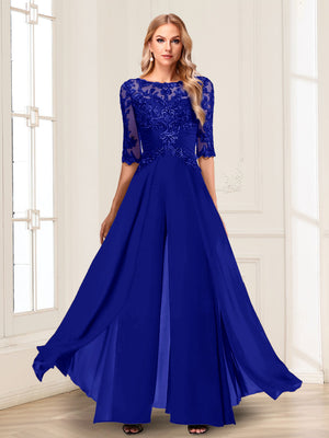 Chiffon Floor-Length Half Sleeves Scoop Mother of the Bride Pantsuits