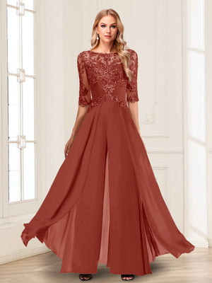 Chiffon Floor-Length Half Sleeves Scoop Mother of the Bride Pantsuits