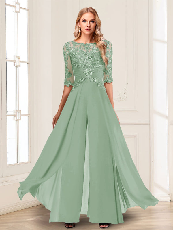 Chiffon Floor-Length Half Sleeves Scoop Mother of the Bride Pantsuits