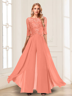 Chiffon Floor-Length Half Sleeves Scoop Mother of the Bride Pantsuits