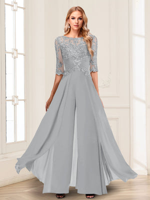 Chiffon Floor-Length Half Sleeves Scoop Mother of the Bride Pantsuits