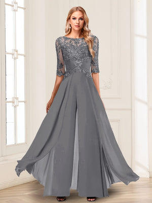 Chiffon Floor-Length Half Sleeves Scoop Mother of the Bride Pantsuits