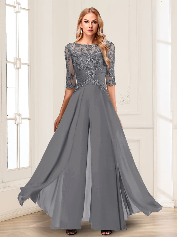 Chiffon Floor-Length Half Sleeves Scoop Mother of the Bride Pantsuits