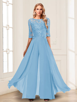 Chiffon Floor-Length Half Sleeves Scoop Mother of the Bride Pantsuits