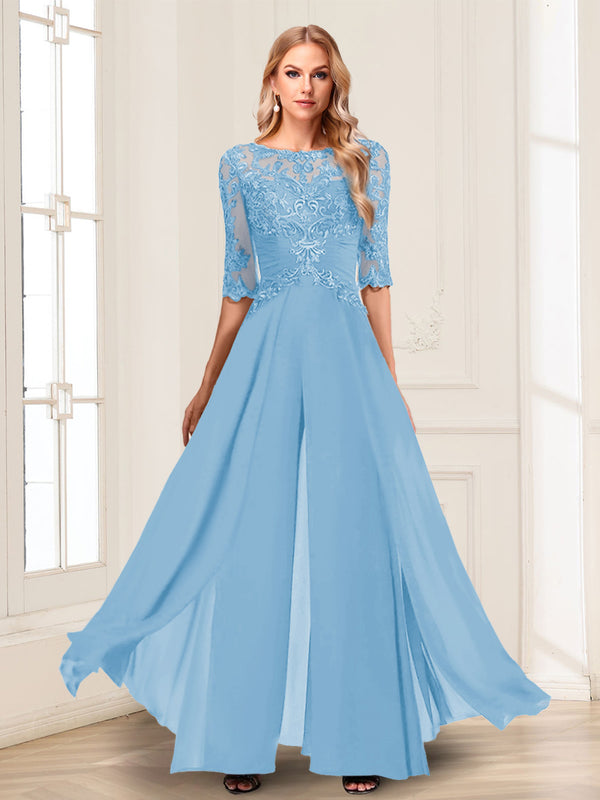 Chiffon Floor-Length Half Sleeves Scoop Mother of the Bride Pantsuits