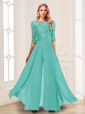 Chiffon Floor-Length Half Sleeves Scoop Mother of the Bride Pantsuits
