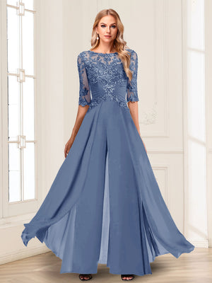 Chiffon Floor-Length Half Sleeves Scoop Mother of the Bride Pantsuits