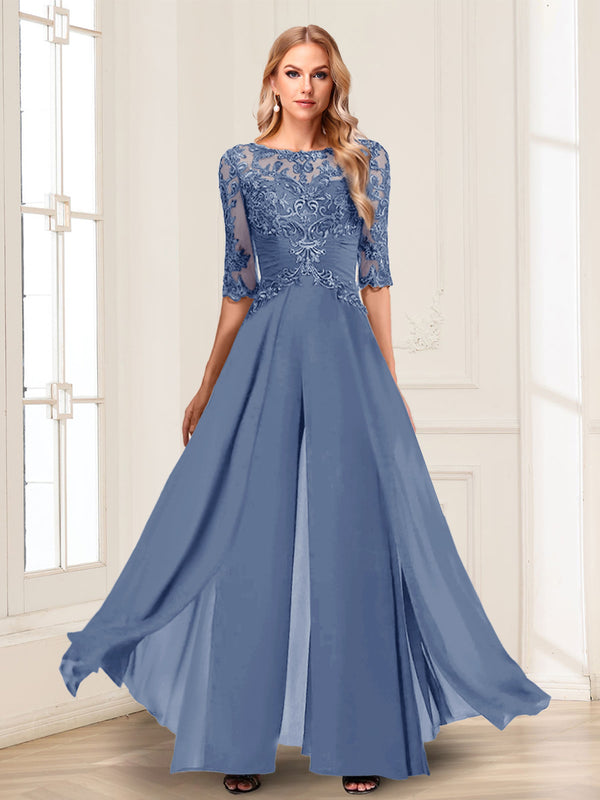 Chiffon Floor-Length Half Sleeves Scoop Mother of the Bride Pantsuits