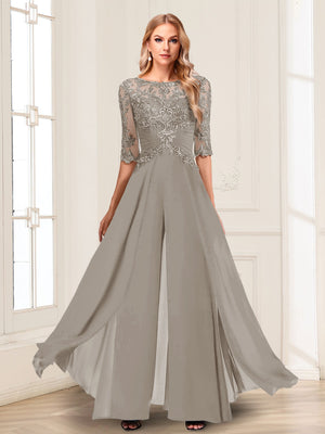 Chiffon Floor-Length Half Sleeves Scoop Mother of the Bride Pantsuits