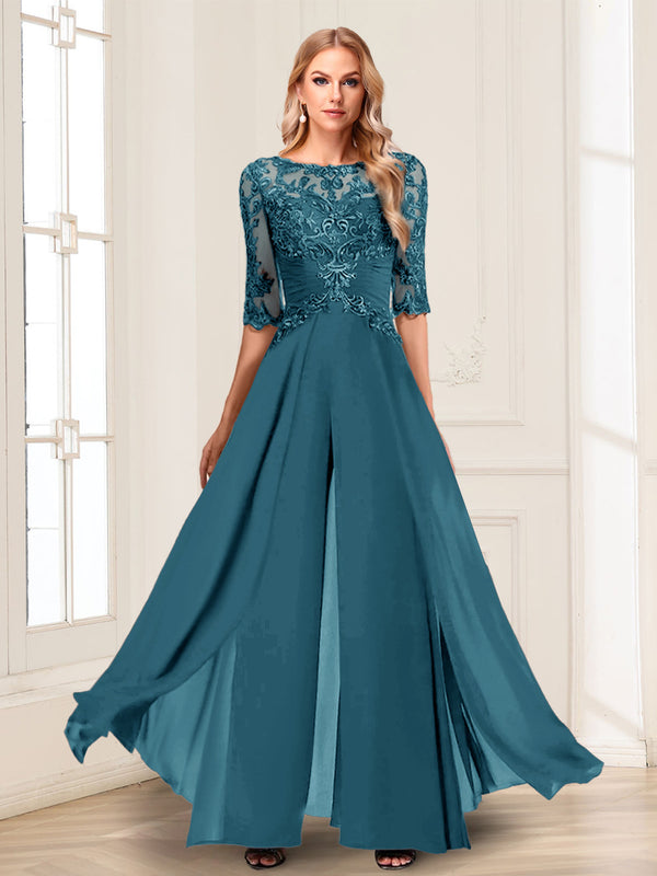 Chiffon Floor-Length Half Sleeves Scoop Mother of the Bride Pantsuits
