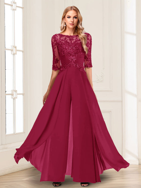 Chiffon Floor-Length Half Sleeves Scoop Mother of the Bride Pantsuits