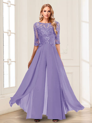 Chiffon Floor-Length Half Sleeves Scoop Mother of the Bride Pantsuits