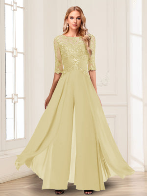 Chiffon Floor-Length Half Sleeves Scoop Mother of the Bride Pantsuits