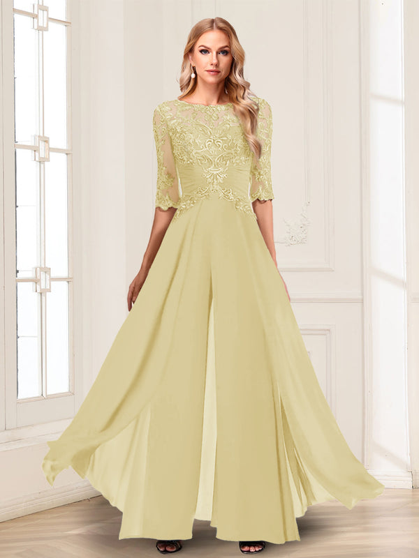Chiffon Floor-Length Half Sleeves Scoop Mother of the Bride Pantsuits