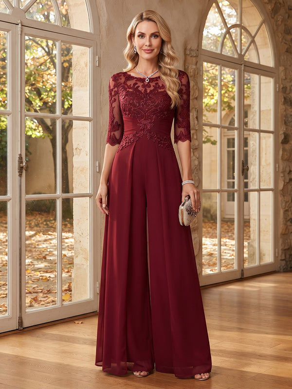 Scoop Half Sleeves Floor-Length Chiffon Mother of the Bride Jumpsuits with Appliques