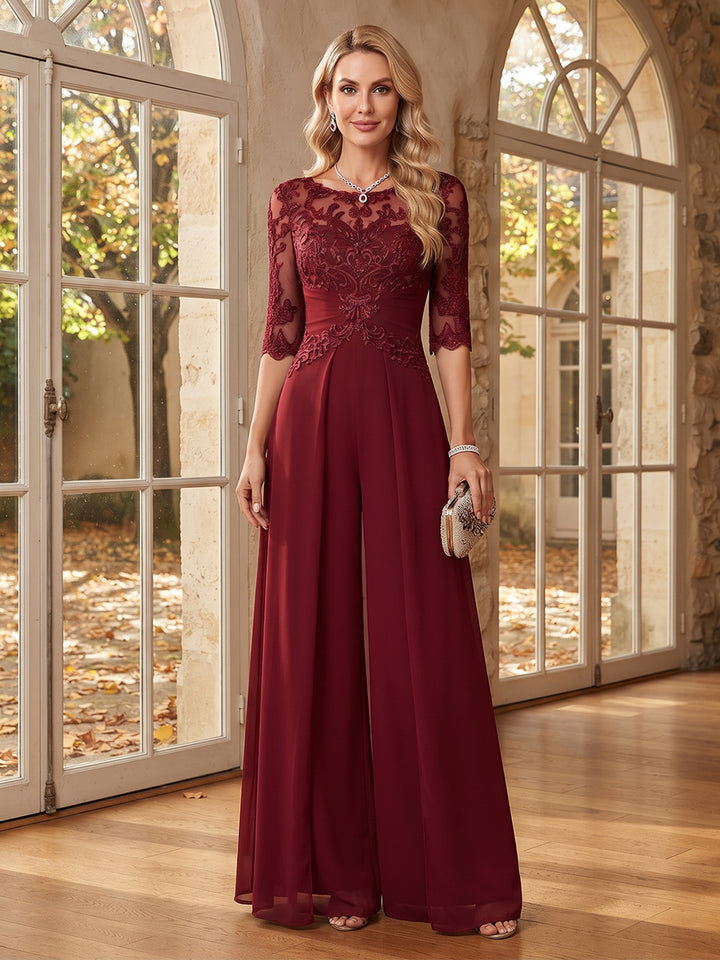 Scoop Half Sleeves Floor-Length Chiffon Mother of the Bride Jumpsuits with Appliques