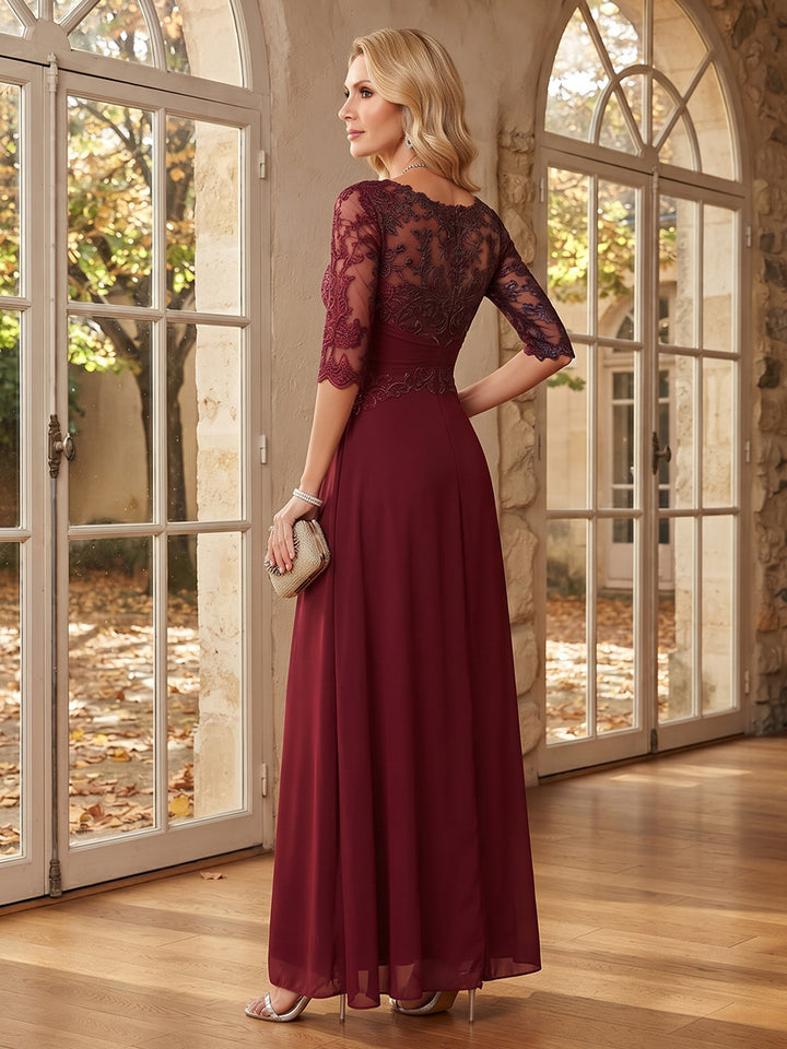 Scoop Half Sleeves Floor-Length Chiffon Mother of the Bride Jumpsuits with Appliques