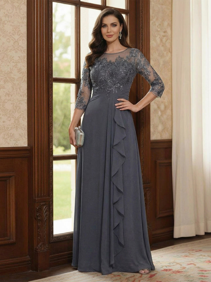 Chiffon A-Line/Princess Scoop 3/4 Sleeves  Mother of the Bride Dresses with Appliques &amp; Ruffles