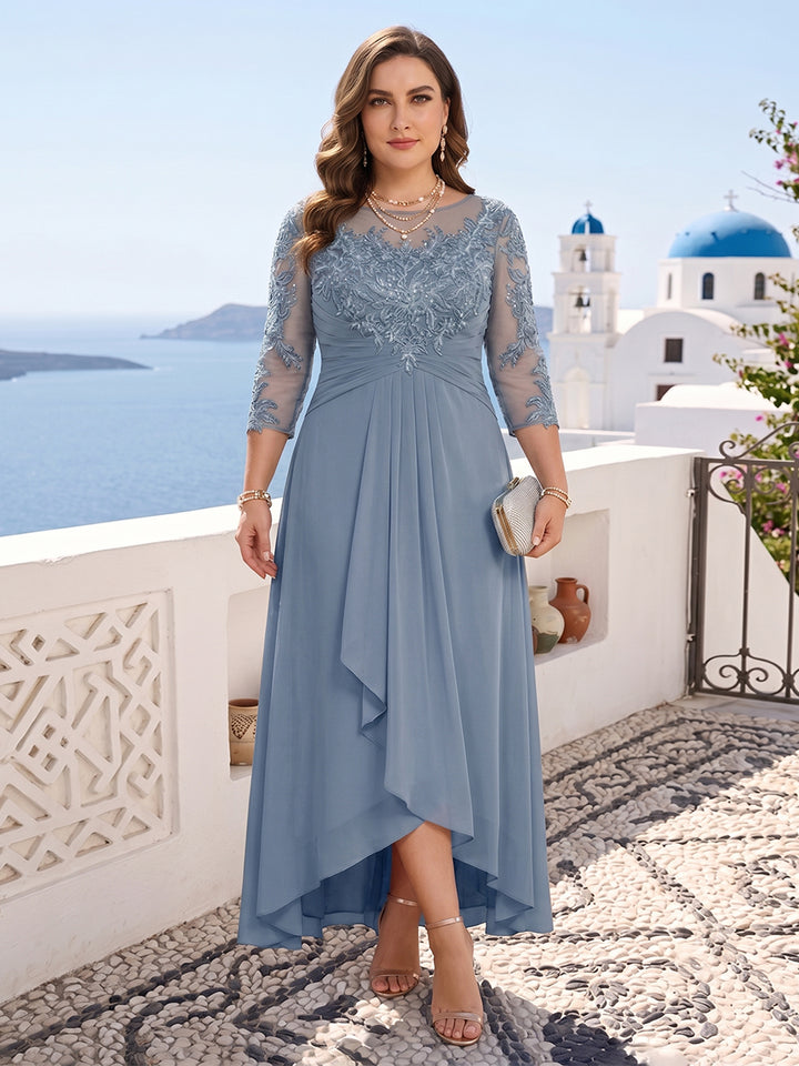 A-Line/Princess Scoop 3/4 Sleeves Ankle-Length Plus Size Mother of the Bride Dress With Appliques &amp; Lace