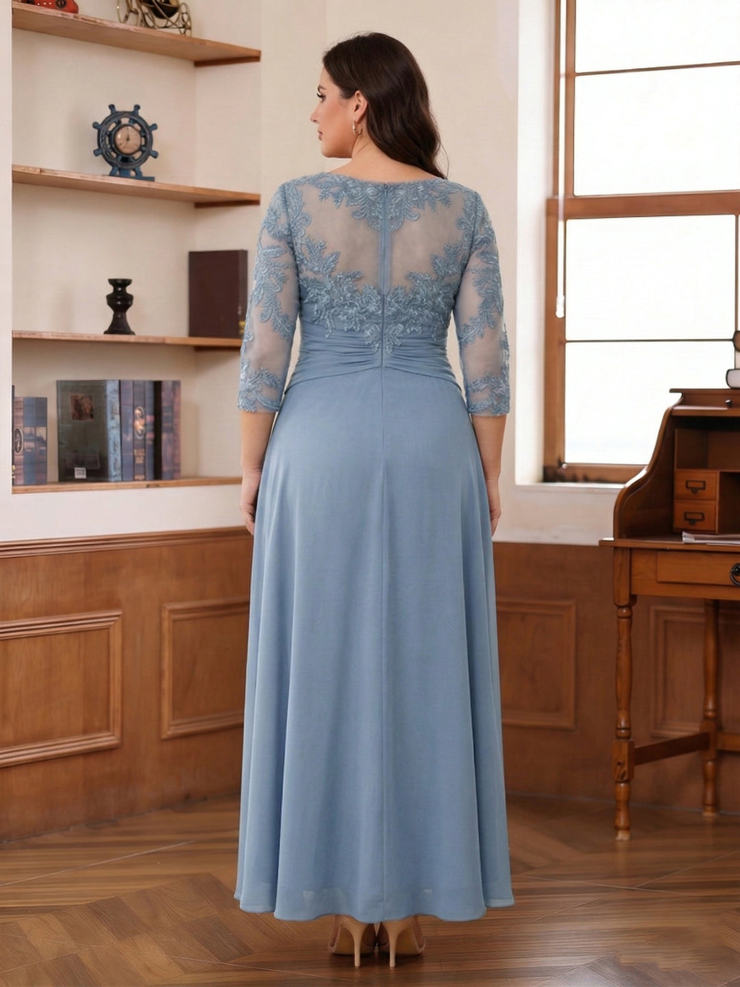 A-Line/Princess Scoop 3/4 Sleeves Ankle-Length Plus Size Mother of the Bride Dress With Appliques &amp; Lace
