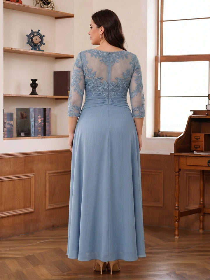 A-Line/Princess Scoop 3/4 Sleeves Ankle-Length Plus Size Mother of the Bride Dress With Appliques &amp; Lace