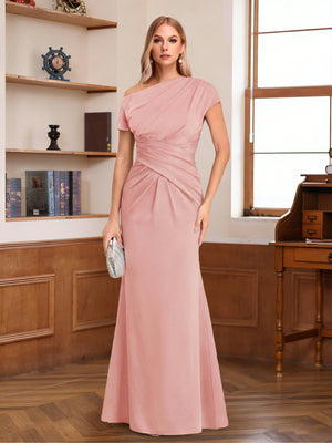 Sheath/Column Asymmetrical One-Shoulder Short Sleeves Mother of the Bride Dresses with Pleats