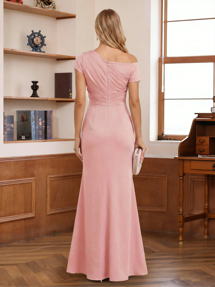Sheath/Column Asymmetrical One-Shoulder Short Sleeves Mother of the Bride Dresses with Pleats