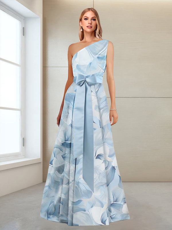 A-Line/Princess One-Shoulder Sleeveless Printed Floral Mother of the Bride Dresses with Bow