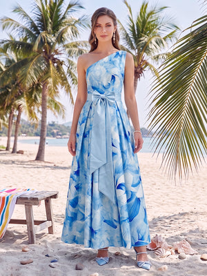 A-Line/Princess One-Shoulder Sleeveless Mother of the Bride Dresses with Bowknot & Printed Floral