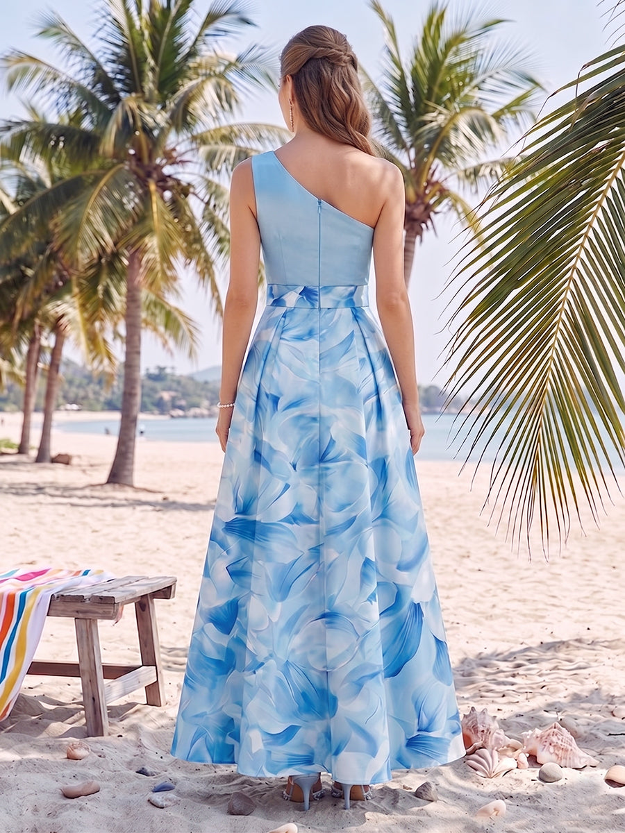A-Line/Princess One-Shoulder Sleeveless Mother of the Bride Dresses with Bowknot &amp; Printed Floral