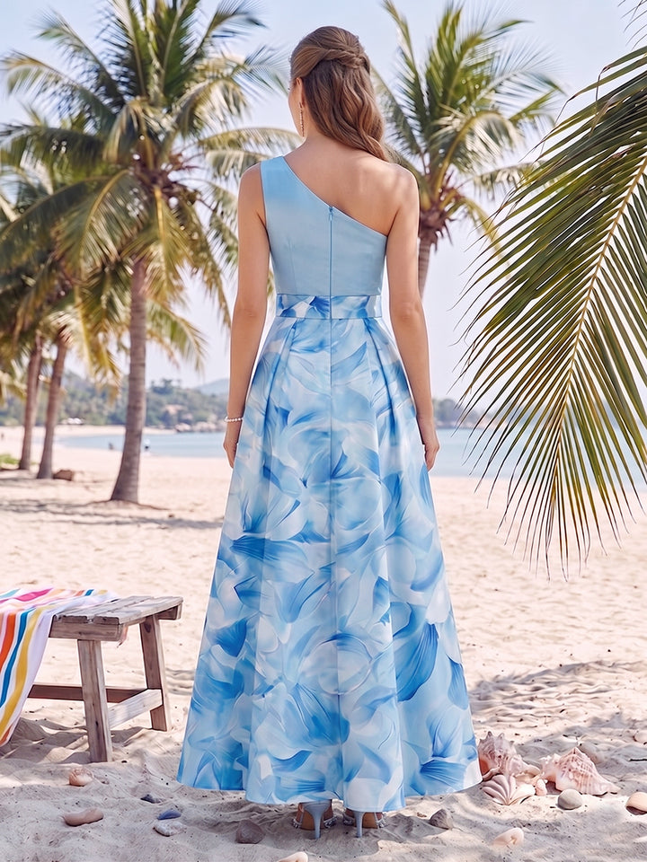 A-Line/Princess One-Shoulder Sleeveless Mother of the Bride Dresses with Bowknot &amp; Printed Floral