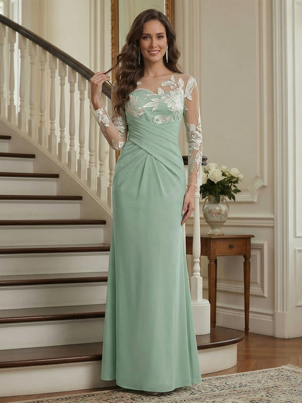 Trumpet/Mermaid Long Sleeves Scoop Floor-Length Mother of the Bride Dresses with Ruched & Embroidery