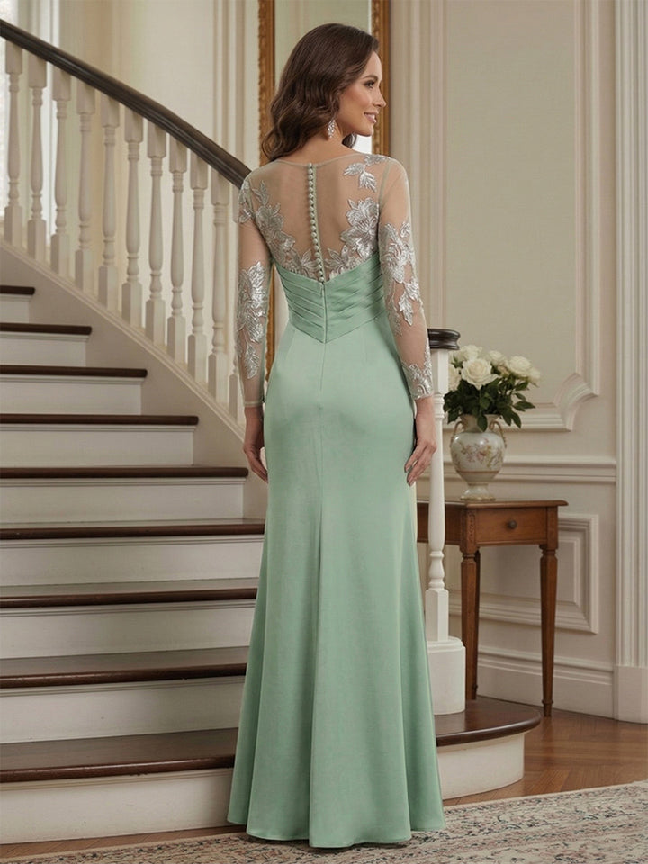 Trumpet/Mermaid Long Sleeves Scoop Floor-Length Mother of the Bride Dresses with Ruched &amp; Embroidery