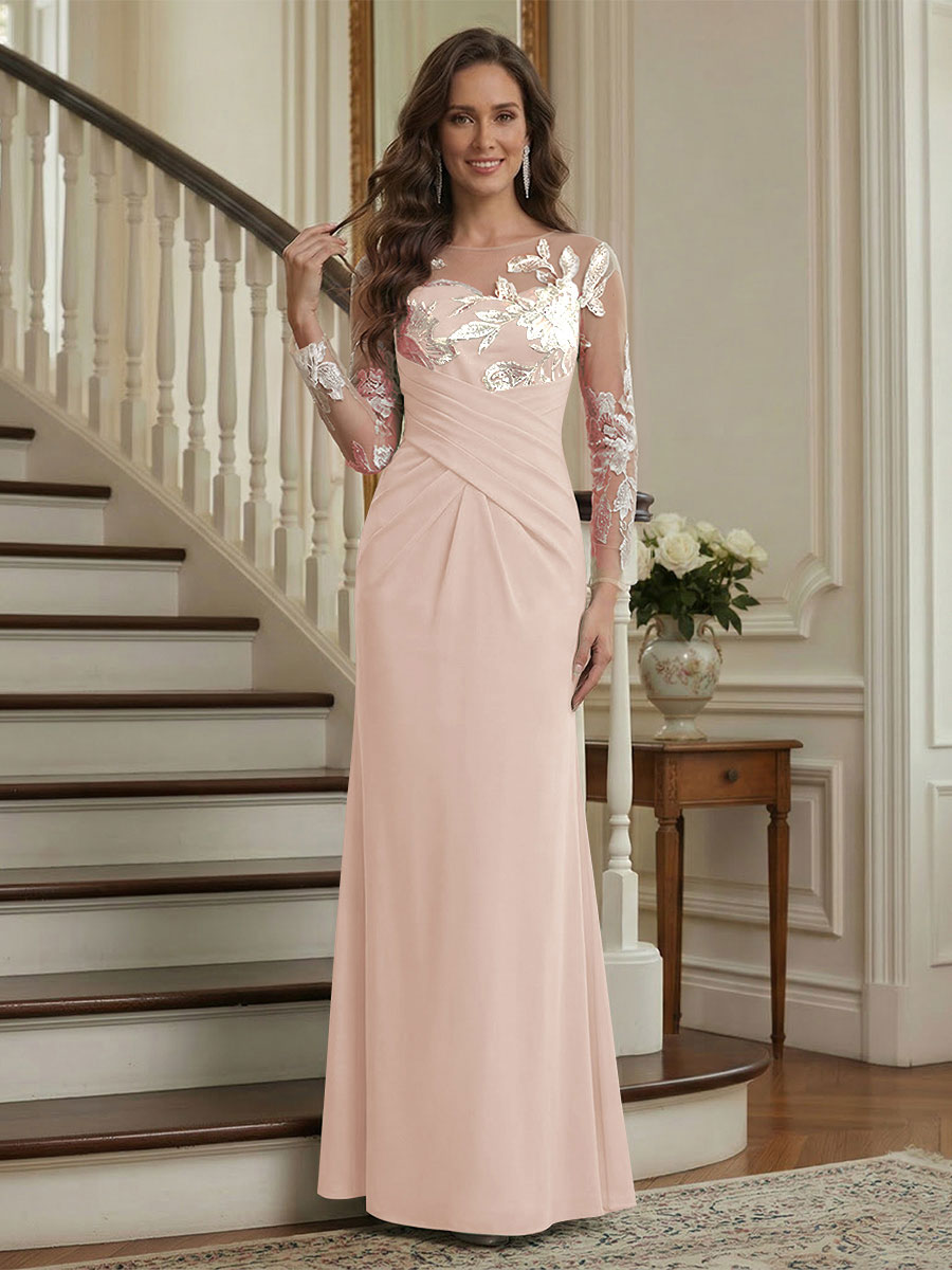 Trumpet/Mermaid Long Sleeves Scoop Floor-Length Mother of the Bride Dresses with Ruched &amp; Embroidery