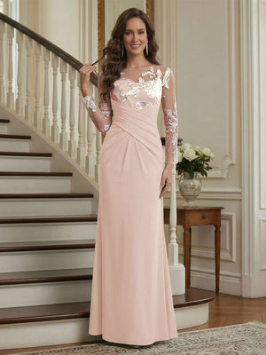 Trumpet/Mermaid Long Sleeves Scoop Floor-Length Mother of the Bride Dresses with Ruched & Embroidery
