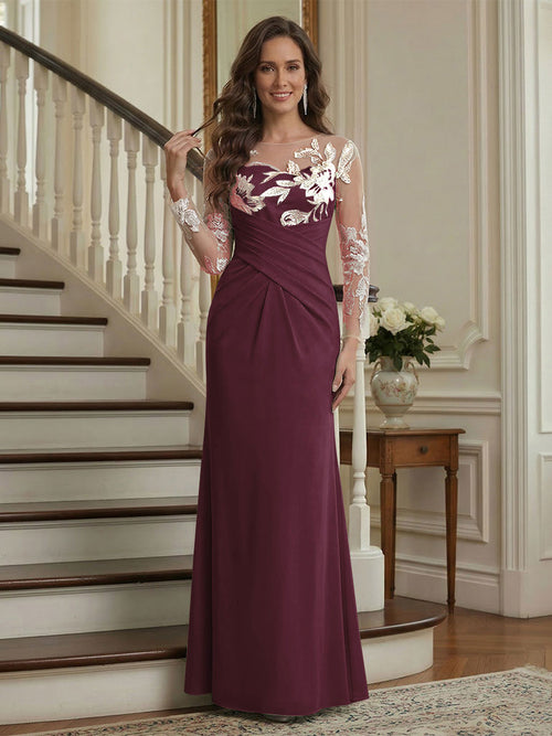 Trumpet/Mermaid Long Sleeves Scoop Floor-Length Mother of the Bride Dresses with Ruched & Embroidery
