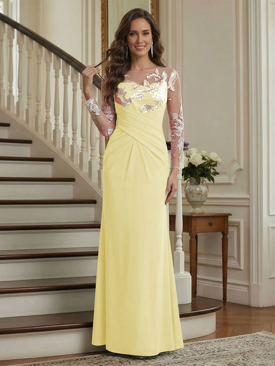 Trumpet/Mermaid Long Sleeves Scoop Floor-Length Mother of the Bride Dresses with Ruched &amp; Embroidery