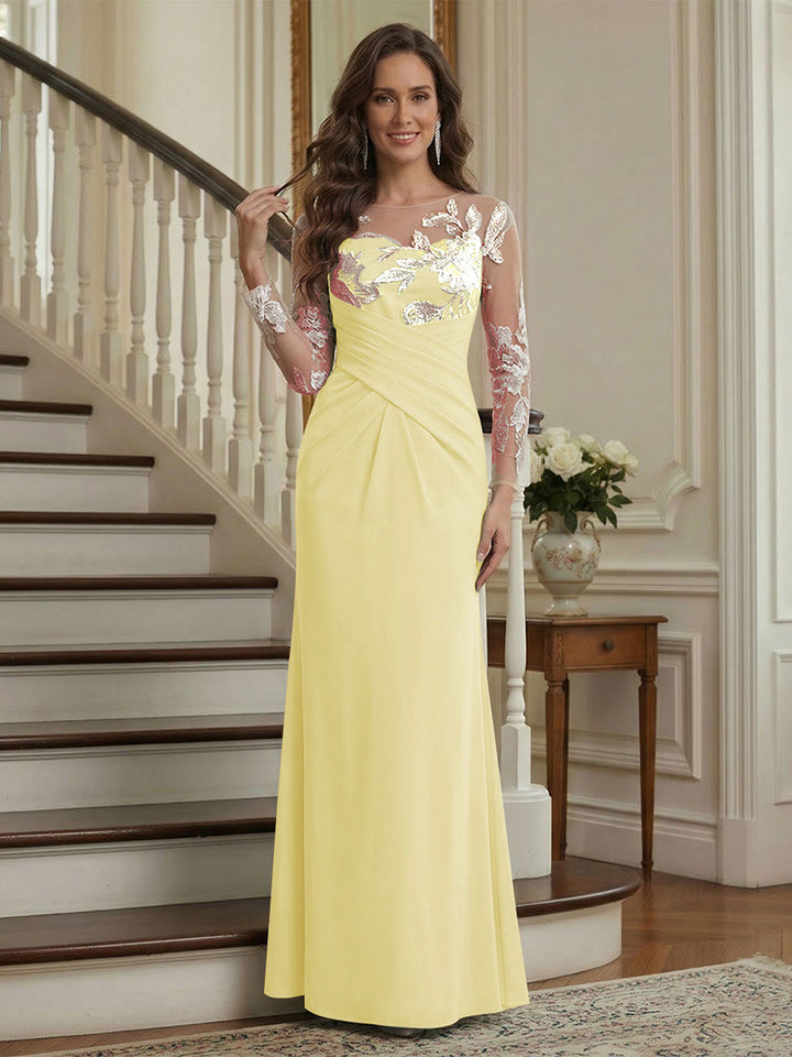 Trumpet/Mermaid Long Sleeves Scoop Floor-Length Mother of the Bride Dresses with Ruched &amp; Embroidery